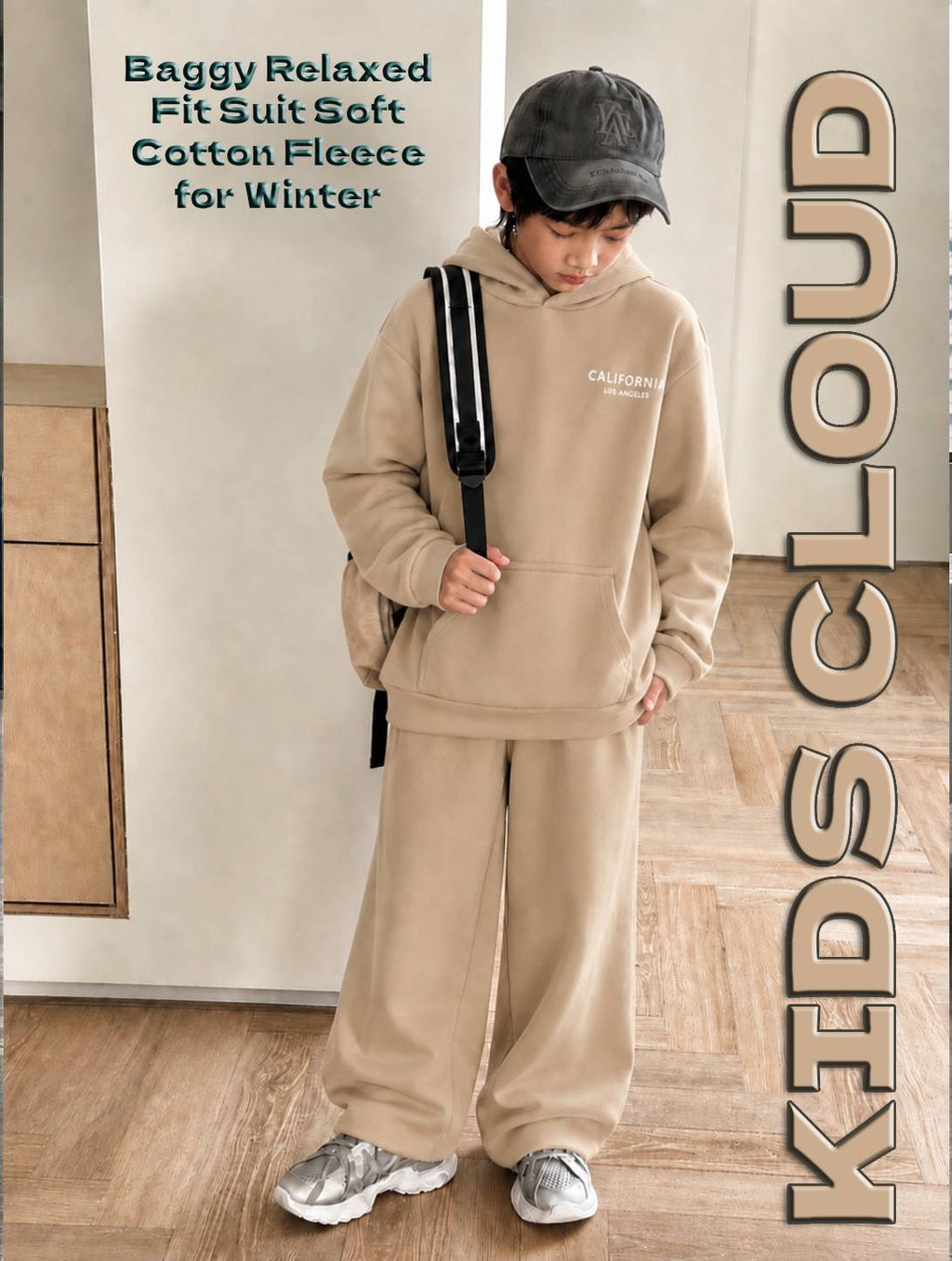 Kids Baggy Suit Relaxed Fit California Soft Cotton Fleece Beige for Winter