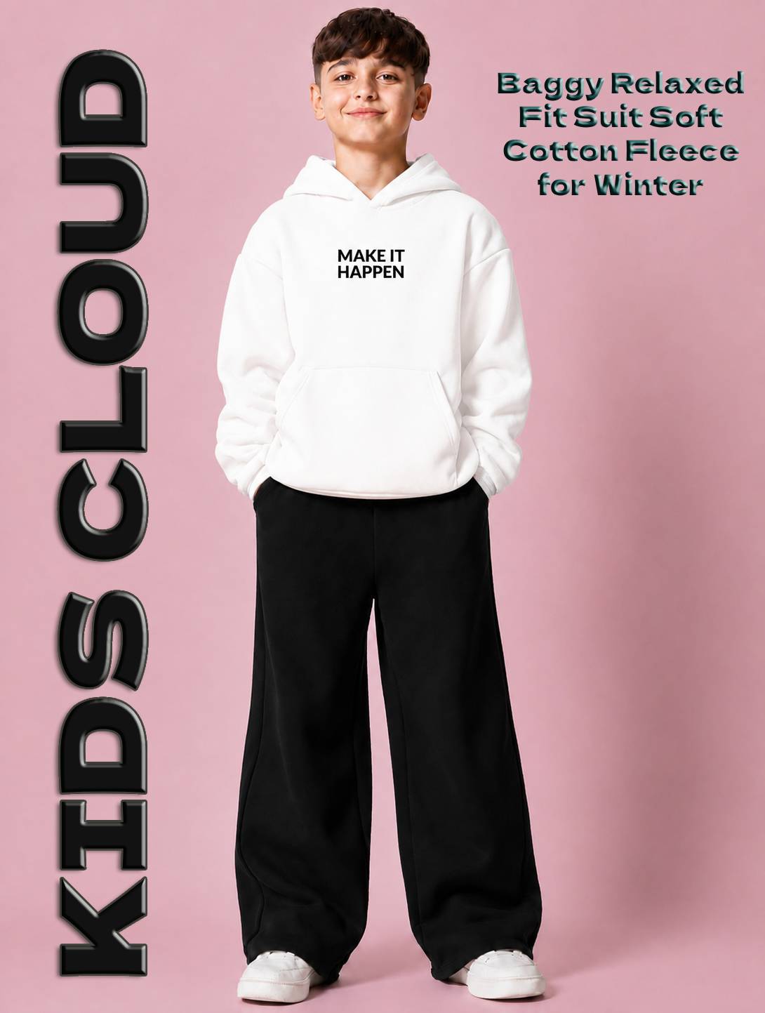Kids Baggy Suit Relaxed Fit Happen Soft Cotton Fleece White Hoodie with Black Trouser for Winter