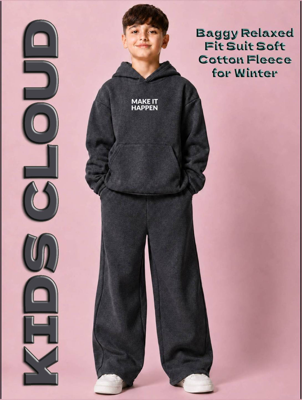 Kids Baggy Suit Relaxed Fit Happen Soft Cotton Fleece Charcoal Black for Winter