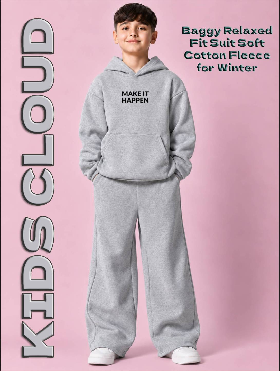 Kids Baggy Suit Relaxed Fit Happen Soft Cotton Fleece Heather Grey for Winter