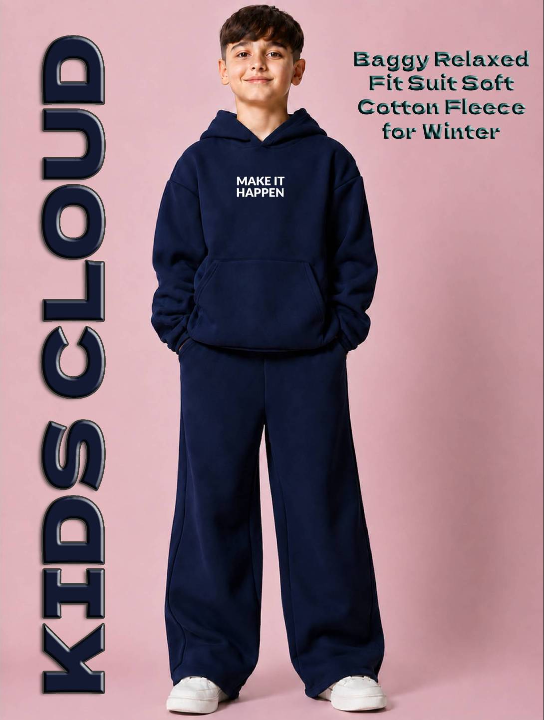 Kids Baggy Suit Relaxed Fit Happen Soft Cotton Fleece navy Blue for Winter