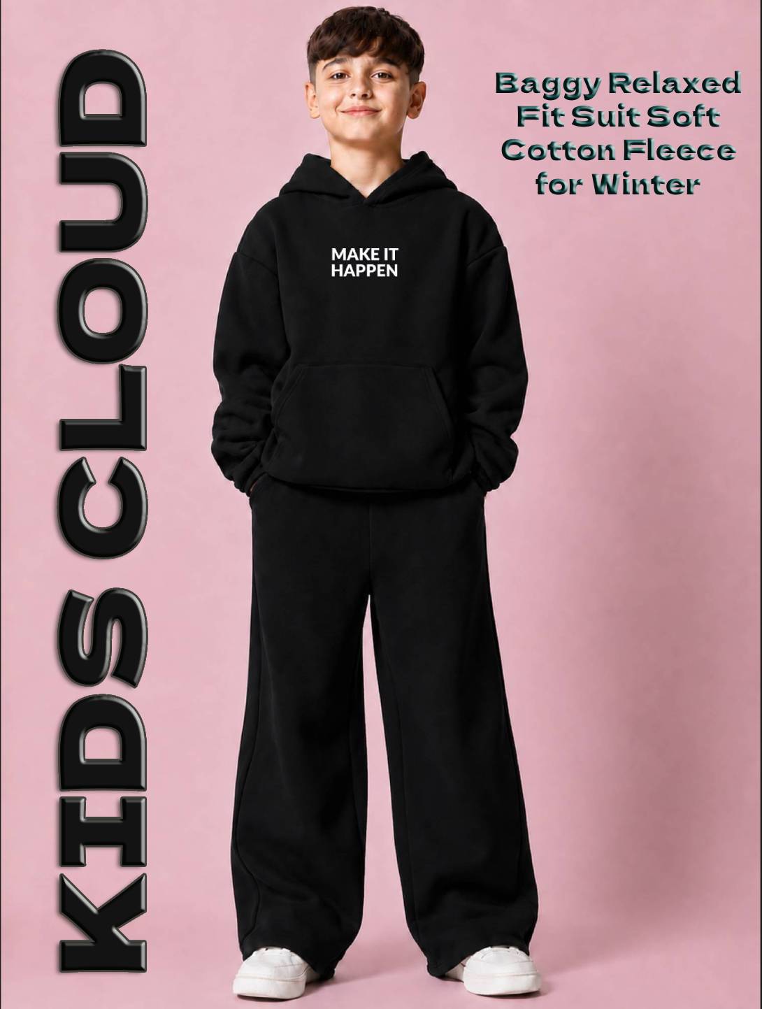 Kids Baggy Suit Relaxed Fit Happen Soft Cotton Fleece Black for Winter