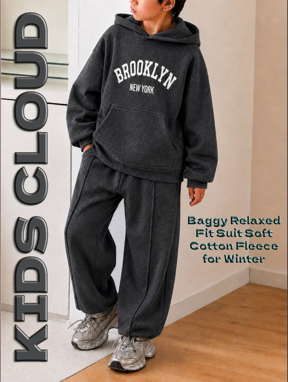 Kids Baggy Suit Relaxed Fit Brooklyn Soft Cotton Fleece Charcoal Black for Winter