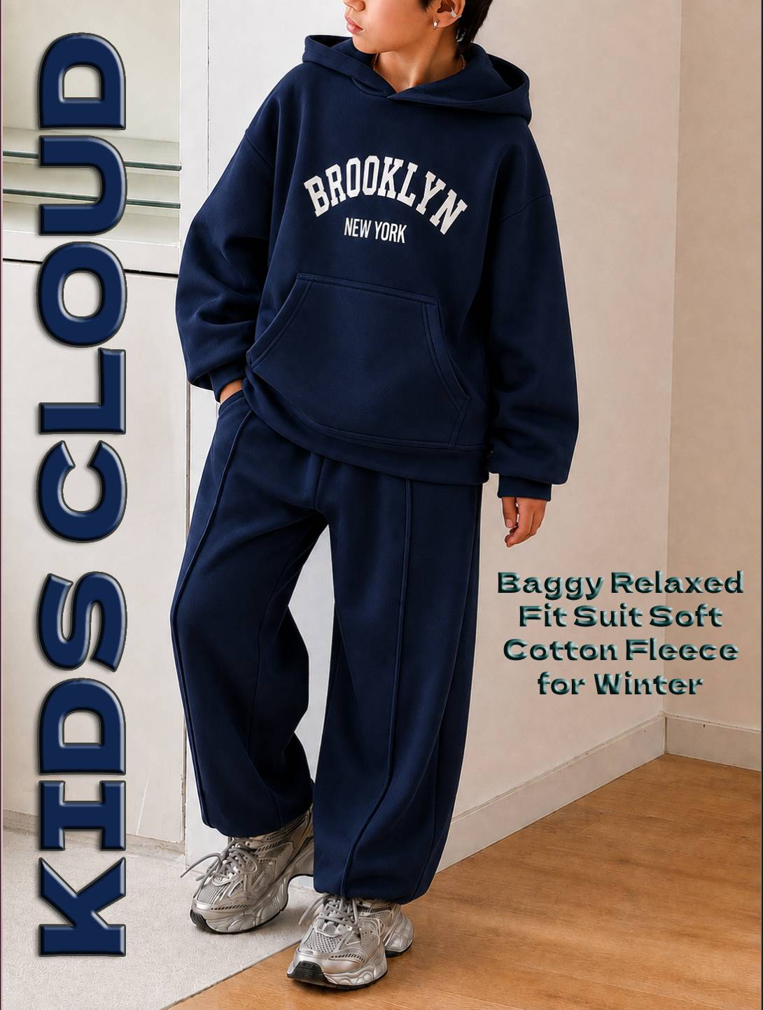 Kids Baggy Suit Relaxed Fit Brooklyn Soft Cotton Fleece Navy Blue for Winter