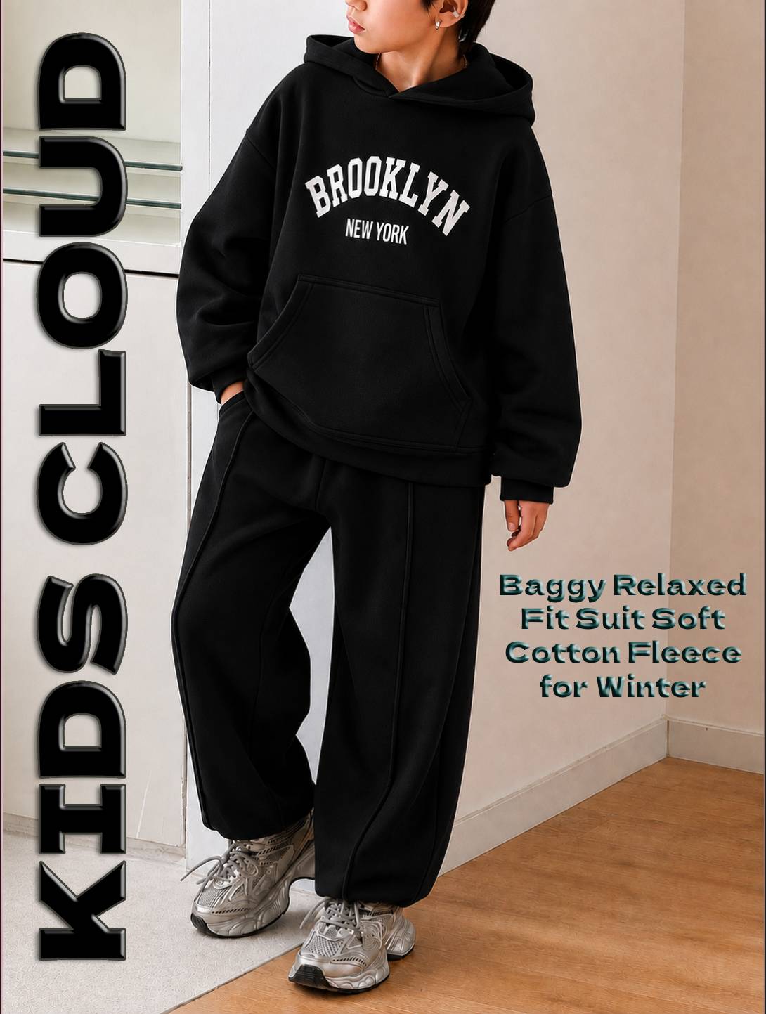 Kids Baggy Suit Relaxed Fit Brooklyn Soft Cotton Fleece Black for Winter