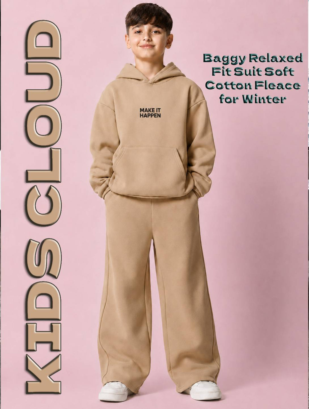 Kids Baggy Suit Relaxed Fit Happen Soft Cotton Fleece Beige for Winter