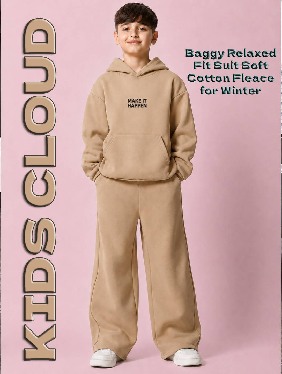 Kids Baggy Suit Relaxed Fit Happen Soft Cotton Fleece Beige for Winter