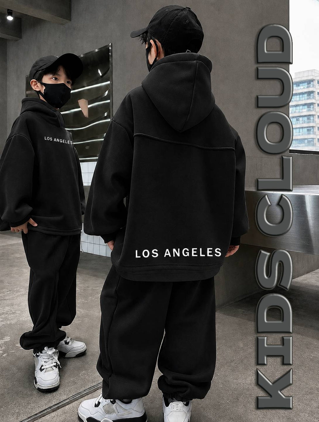 Kids Baggy Suit Relaxed Fit Los Angeles Soft Cotton Fleece Black for Winter
