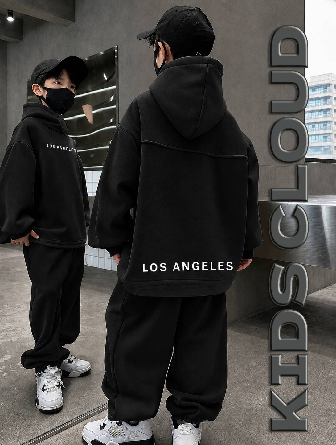 Kids Baggy Suit Relaxed Fit Los Angeles Soft Cotton Fleece Black for Winter