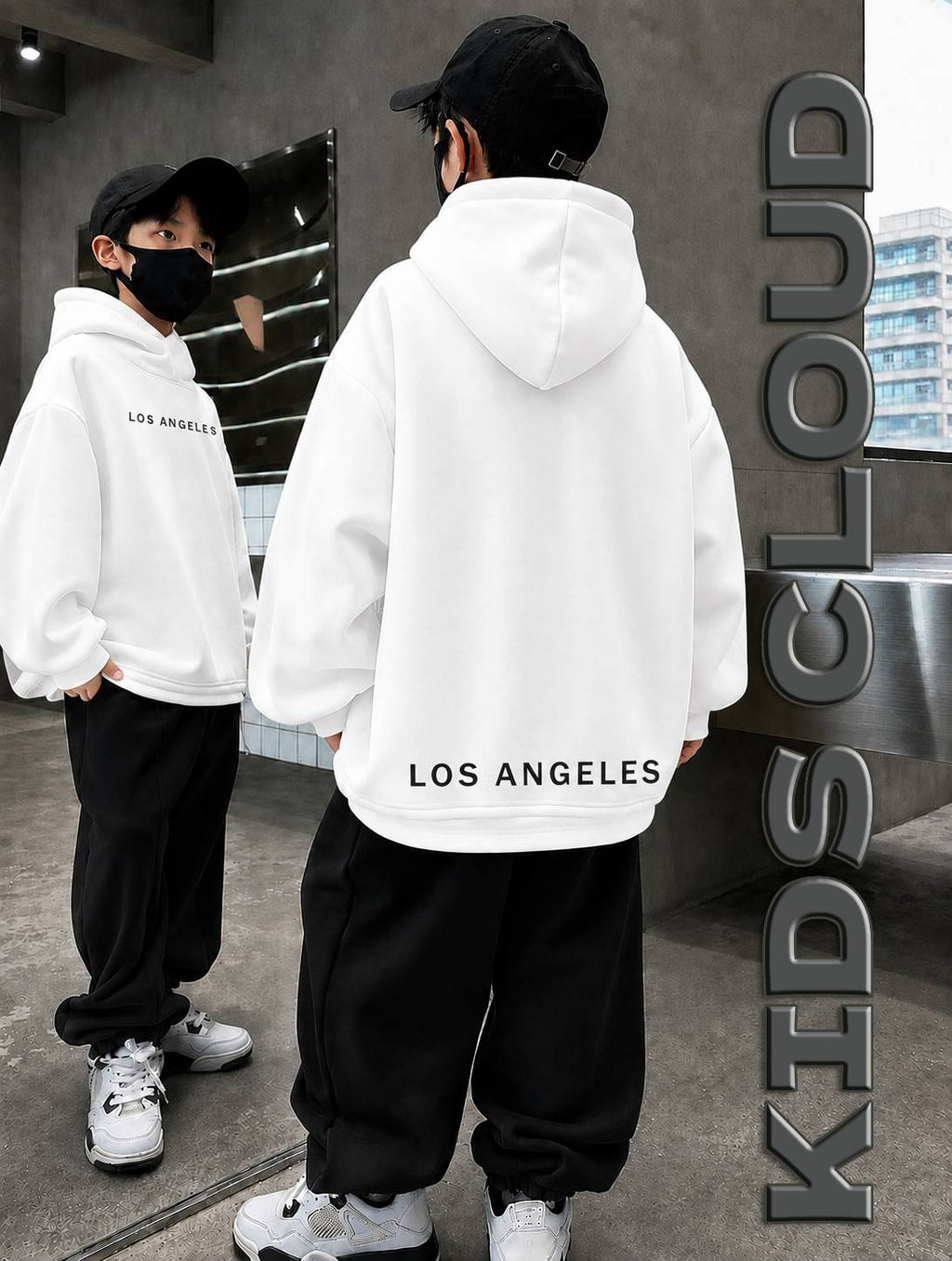 Kids Baggy Suit Relaxed Fit Los Angeles Soft Cotton Fleece White Hoodie with Black Trouser for Winter