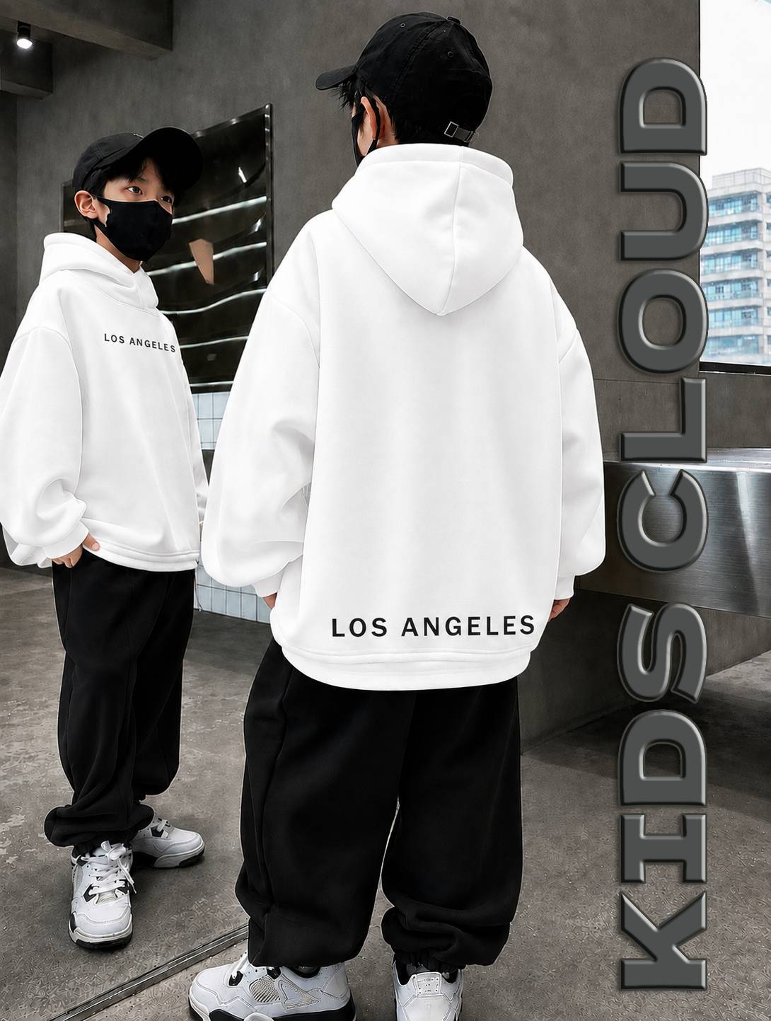 Kids Baggy Suit Relaxed Fit Los Angeles Soft Cotton Fleece White Hoodie with Black Trouser for Winter