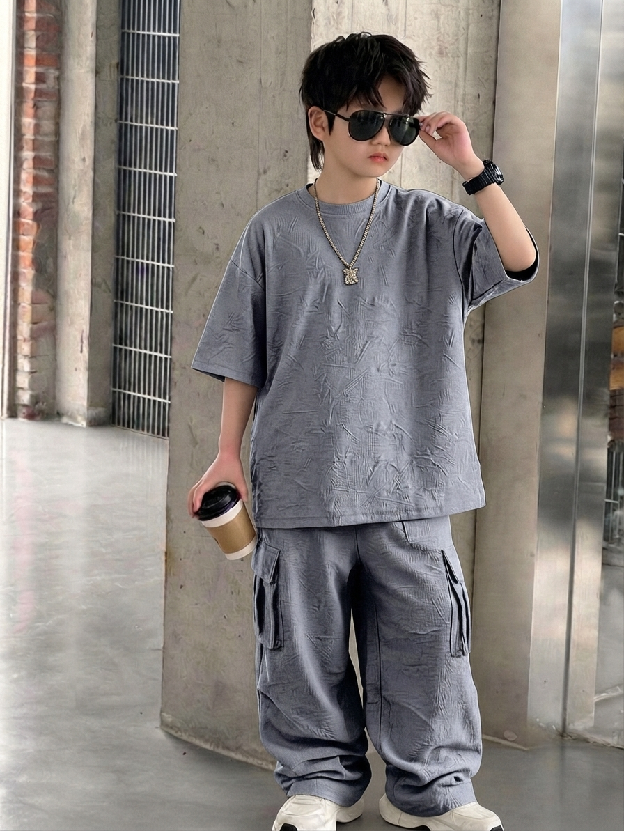 Baggy Cargo Suit Turkish Fabric Embossed Texture Grey