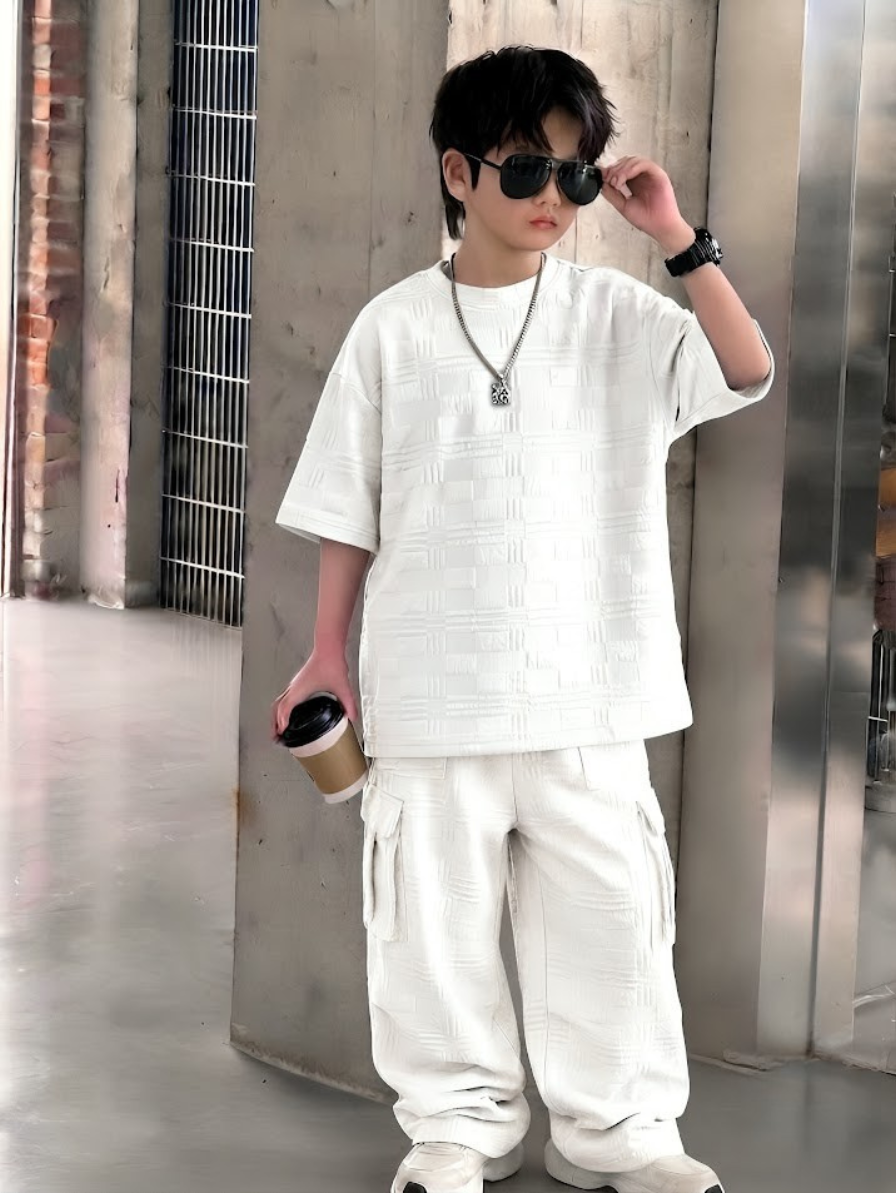 Baggy Cargo Suit Turkish Fabric Embossed Texture White