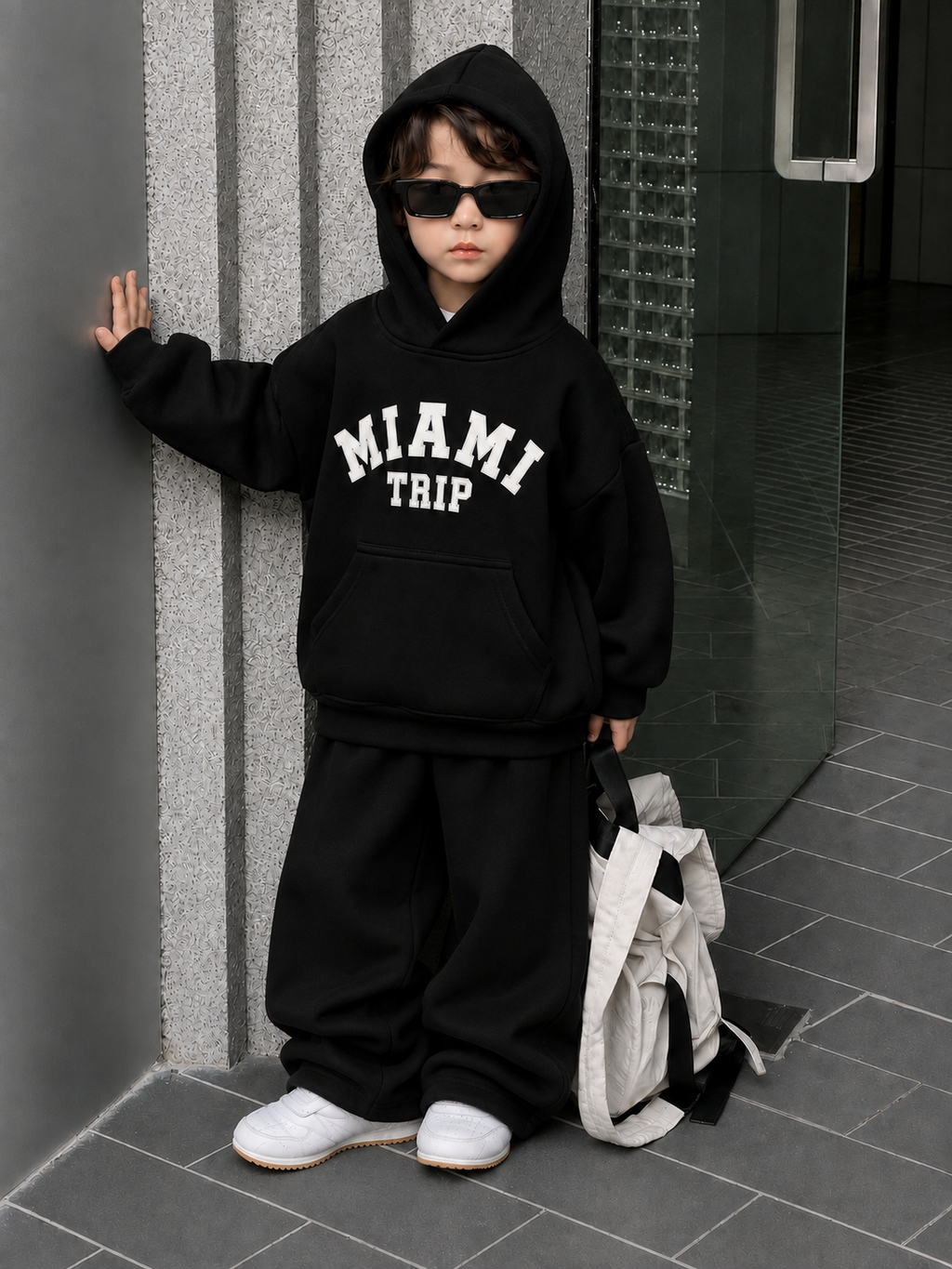 Kids Baggy Suit Relaxed Fit Miami Soft Cotton Fleece Black for Winter