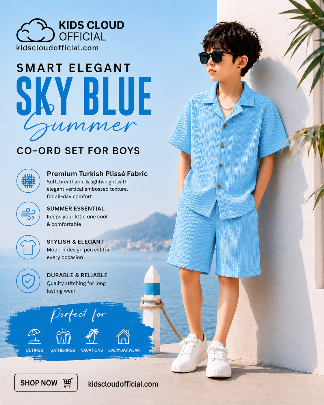 CO-ORD Set Premium Turkish Plissé Fabric for Summer Sky Blue
