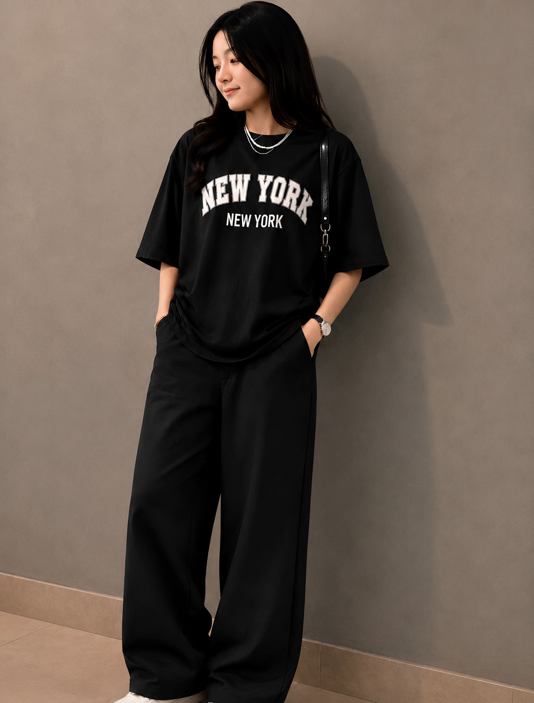 Baggy Suit Teen Girl New York Black Soft Cotton Jersey for Summer