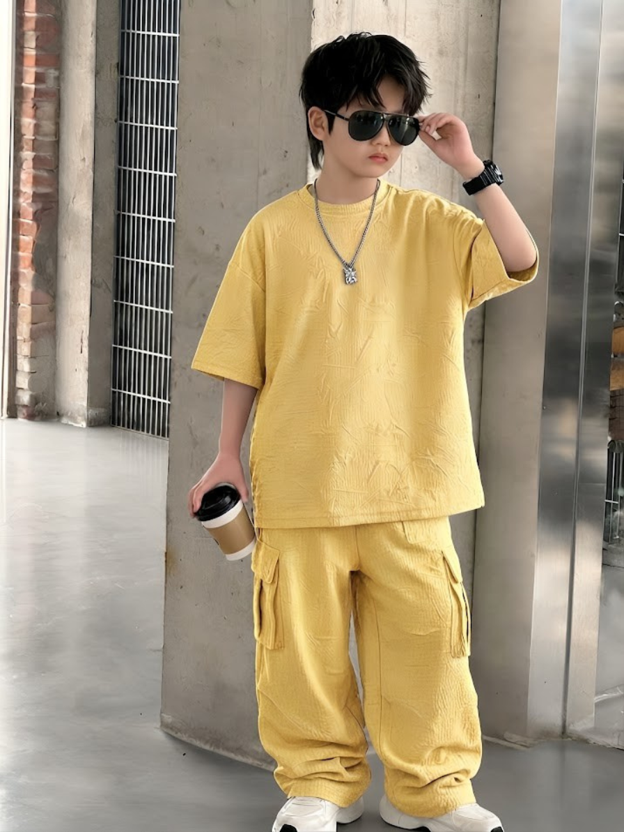 Baggy Cargo Suit Turkish Fabric Embossed Texture Mustard Yellow