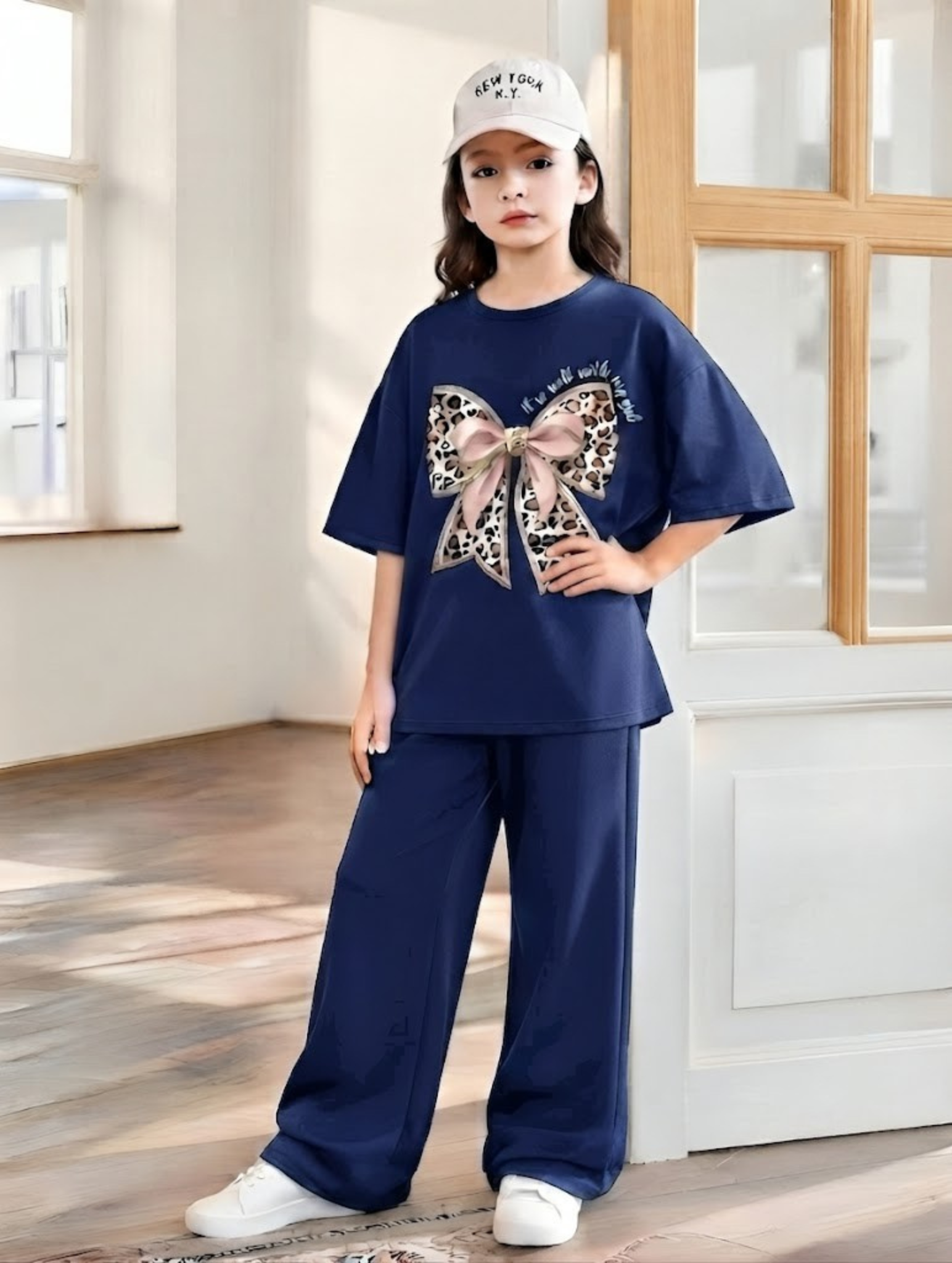 Baggy Suit Teen Girl Bow Navy Blue Soft Cotton Jersey for Summer