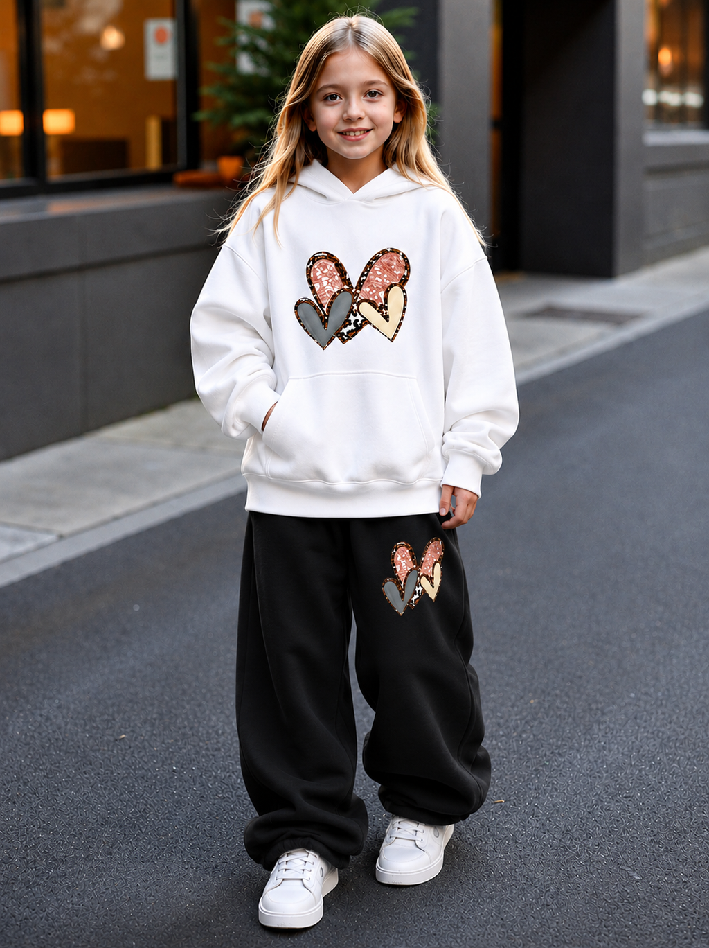 Teen Girl Baggy Suit Relaxed Fit 3 Hearts Soft Cotton Fleece White Hoodie with Black Trouser for Winter