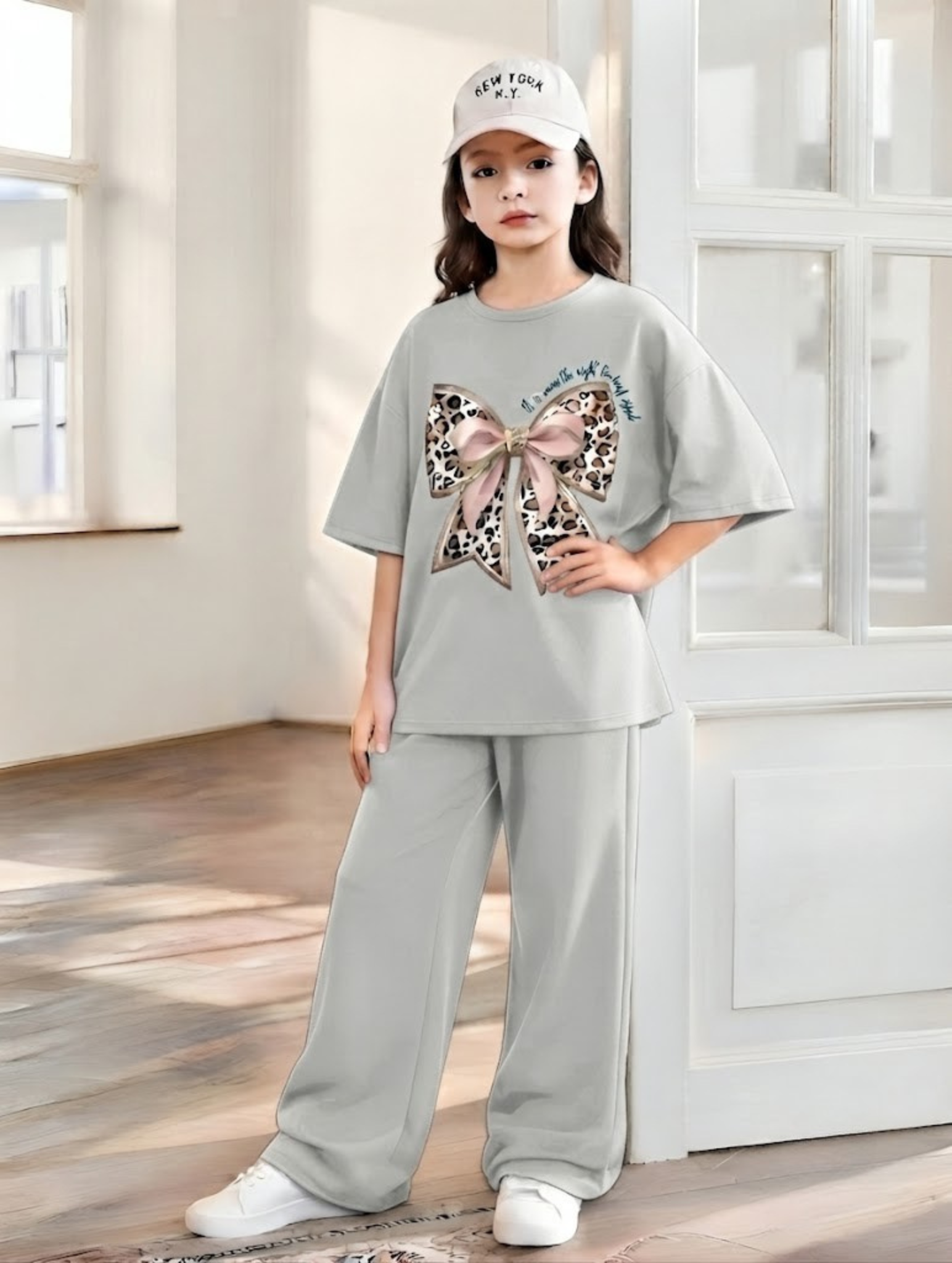 Baggy Suit Teen Girl Bow Steel Grey Soft Cotton Jersey for Summer