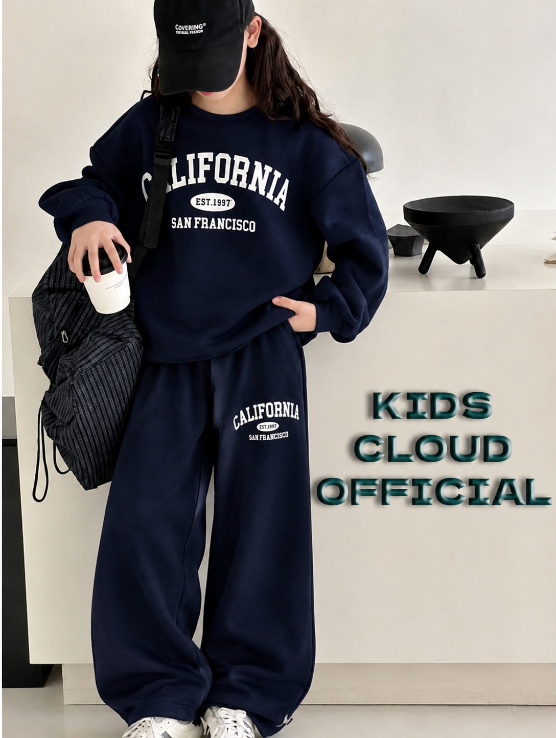 Teen Girl Baggy Suit Relaxed Fit California Soft Cotton Fleece Navy Blue for Winter