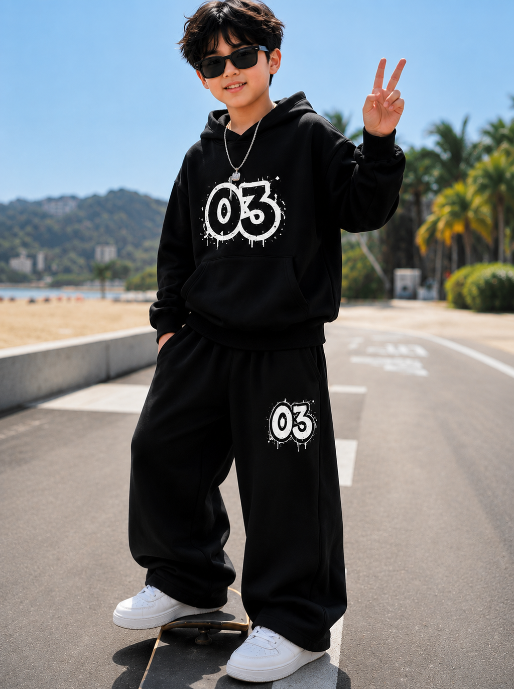 Kids Baggy Suit Relaxed Fit 03 Soft Cotton Fleece Black for Winter