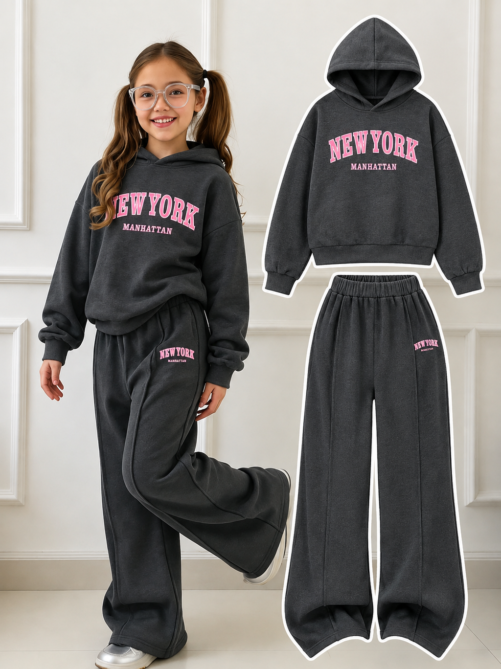 Teen Girl Baggy Suit Relaxed Fit New York Pink  Soft Cotton Fleece Charcoal Black for Winter