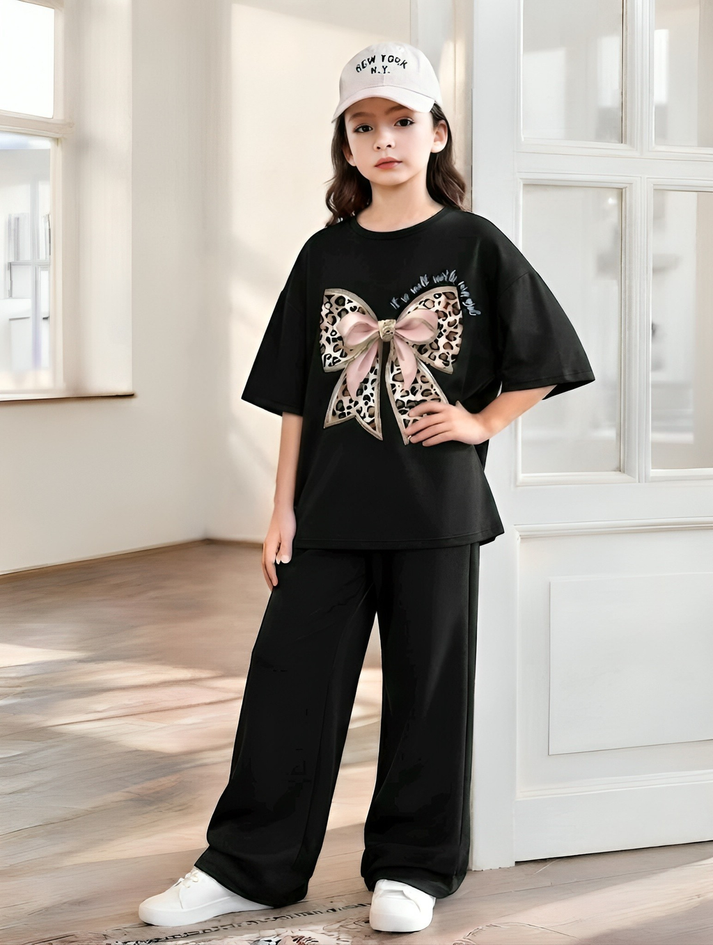 Baggy Suit Teen Girl Bow Black Soft Cotton Jersey for Summer