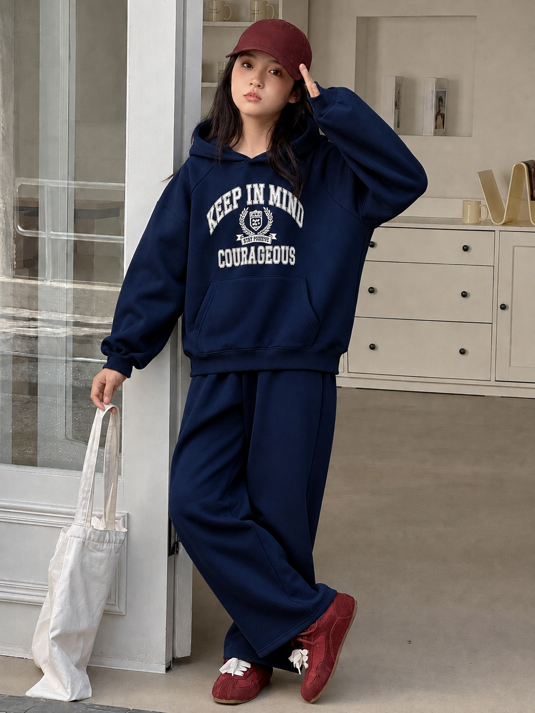 Teen Girl Baggy Suit Relaxed Fit Keep Mind Soft Cotton Fleece Navy Blue for Winter
