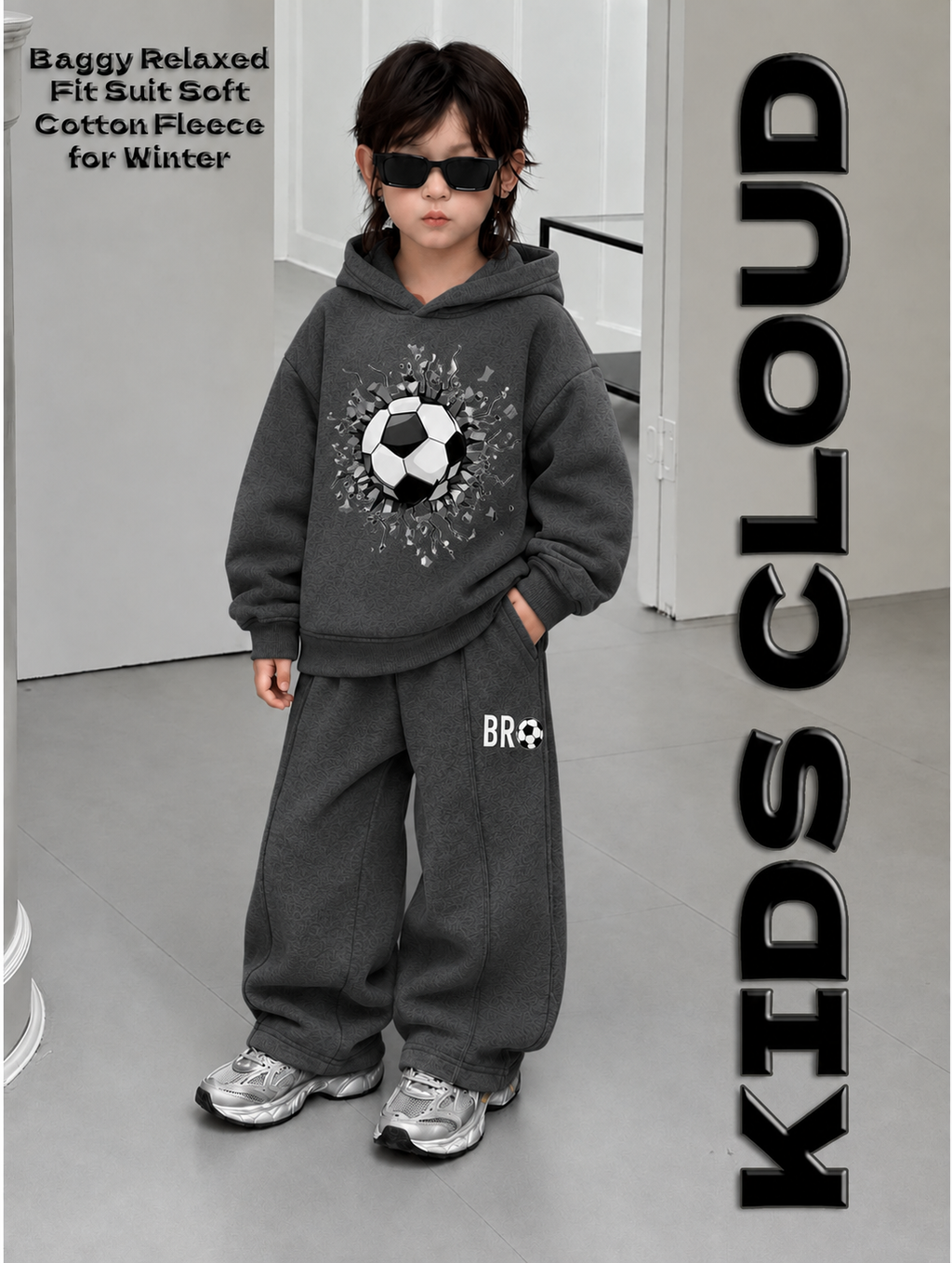 Kids Baggy Suit Relaxed Fit Foot Ball Soft Cotton Fleece Charcoal Grey for Winter