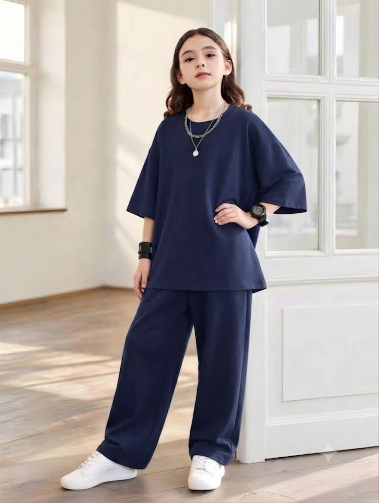Baggy Suit Teen Girl Navy Blue Soft Cotton Jersey for Summer
