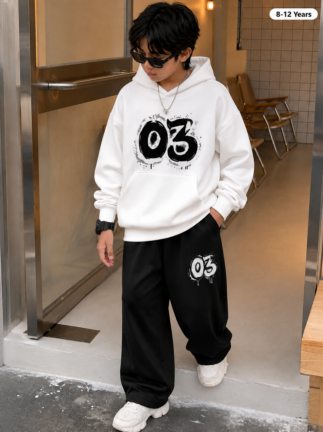 Kids Baggy Suit Relaxed Fit 03 Soft Cotton Fleece White Hoodie with Black Trouser for Winter