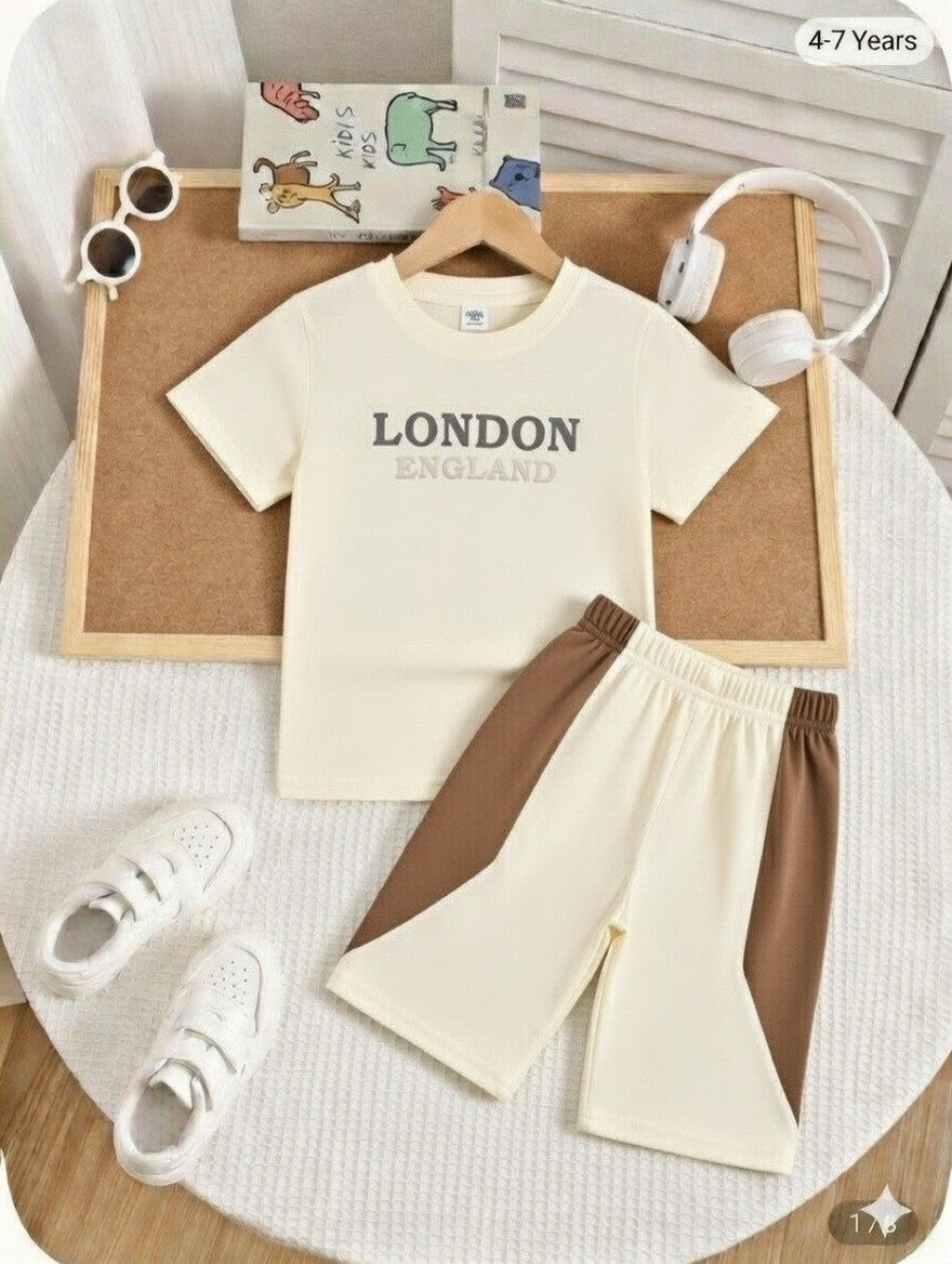 London Embossed Writing  Round Neck Cream Color Jersey Casual Suit