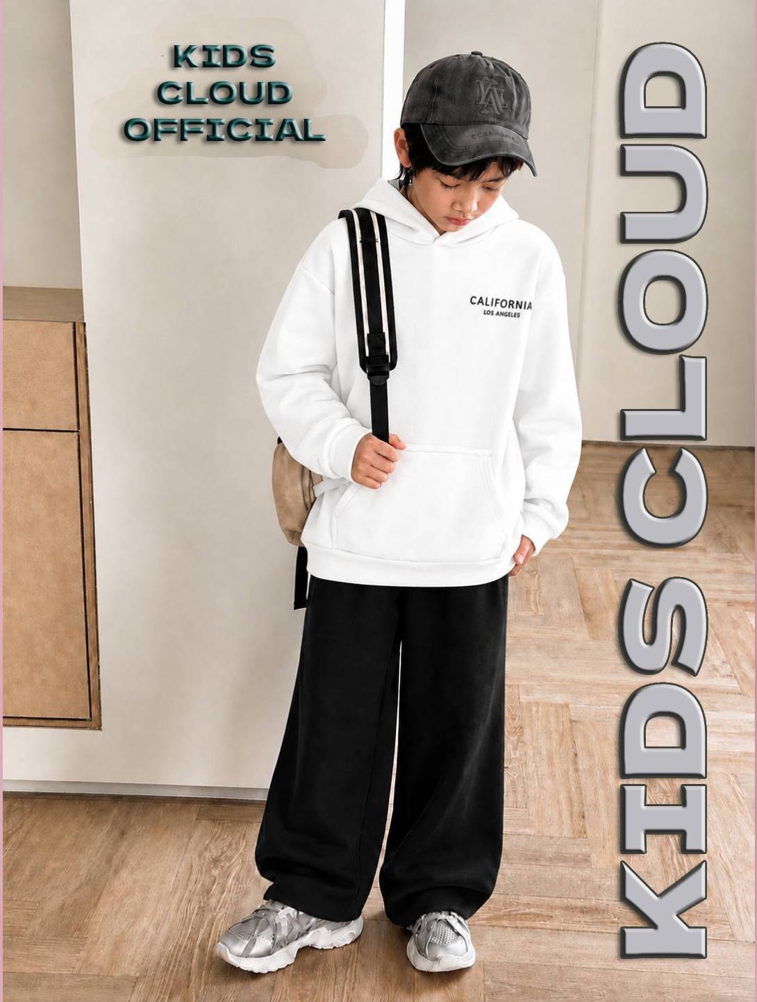 Kids Baggy Suit Relaxed Fit California Soft Cotton Fleece White Hoodie with Black Trouser for Winter