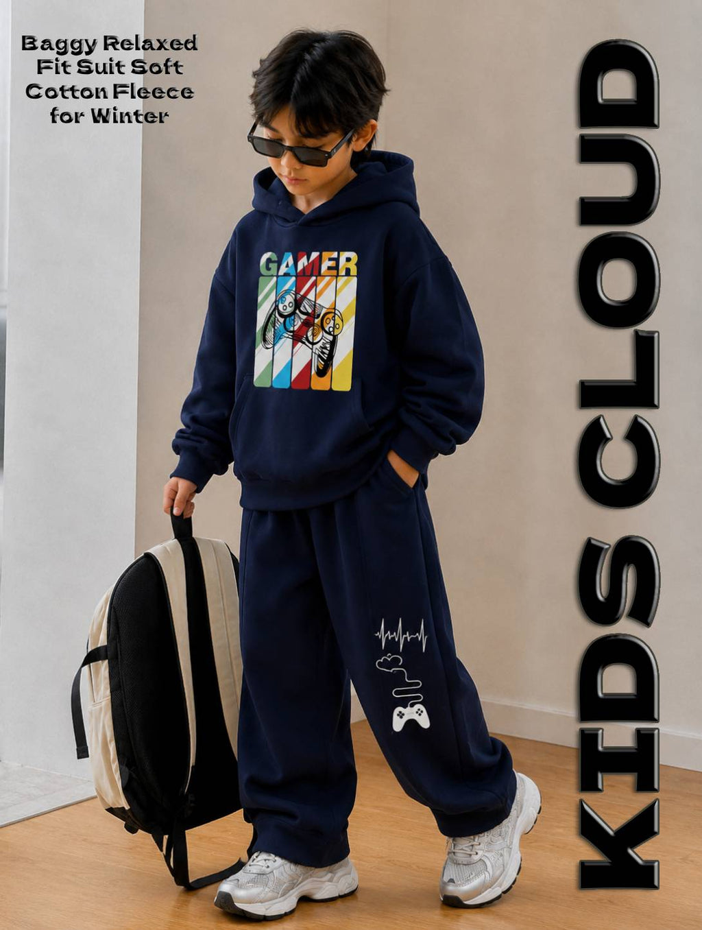 Kids Baggy Suit Relaxed Fit Gamer Soft Cotton Fleece Navy Blue for Winter