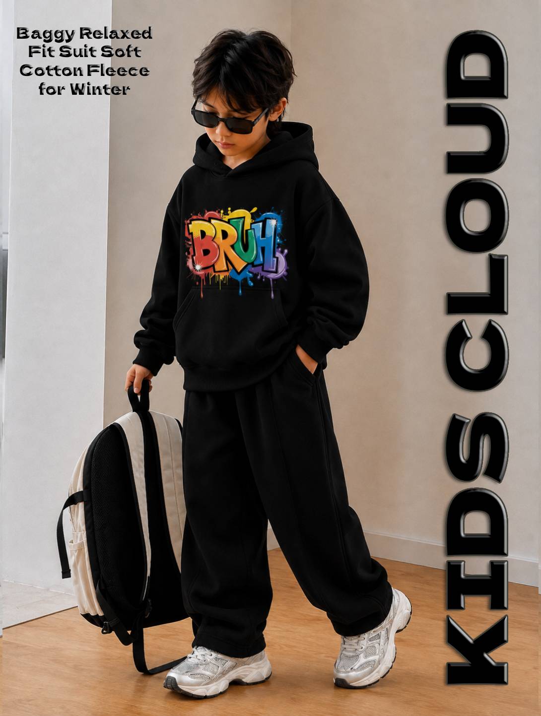Kids Baggy Suit Relaxed Fit Bruh Soft Cotton Fleece Black for Winter