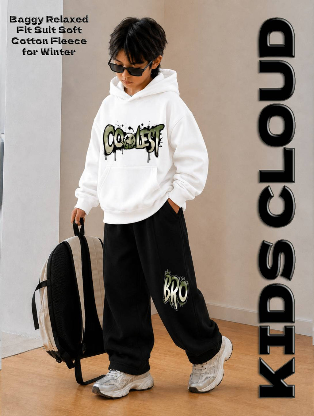 Kids Baggy Suit Relaxed Fit Coolest Soft Cotton Fleece White Hoodie with Black Trouser for Winter