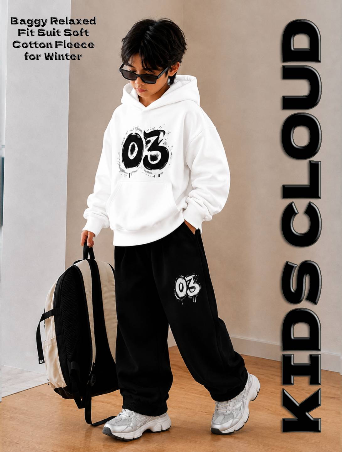 Kids Baggy Suit Relaxed Fit 03 Soft Cotton Fleece White Hoodie with Black Trouser for Winter