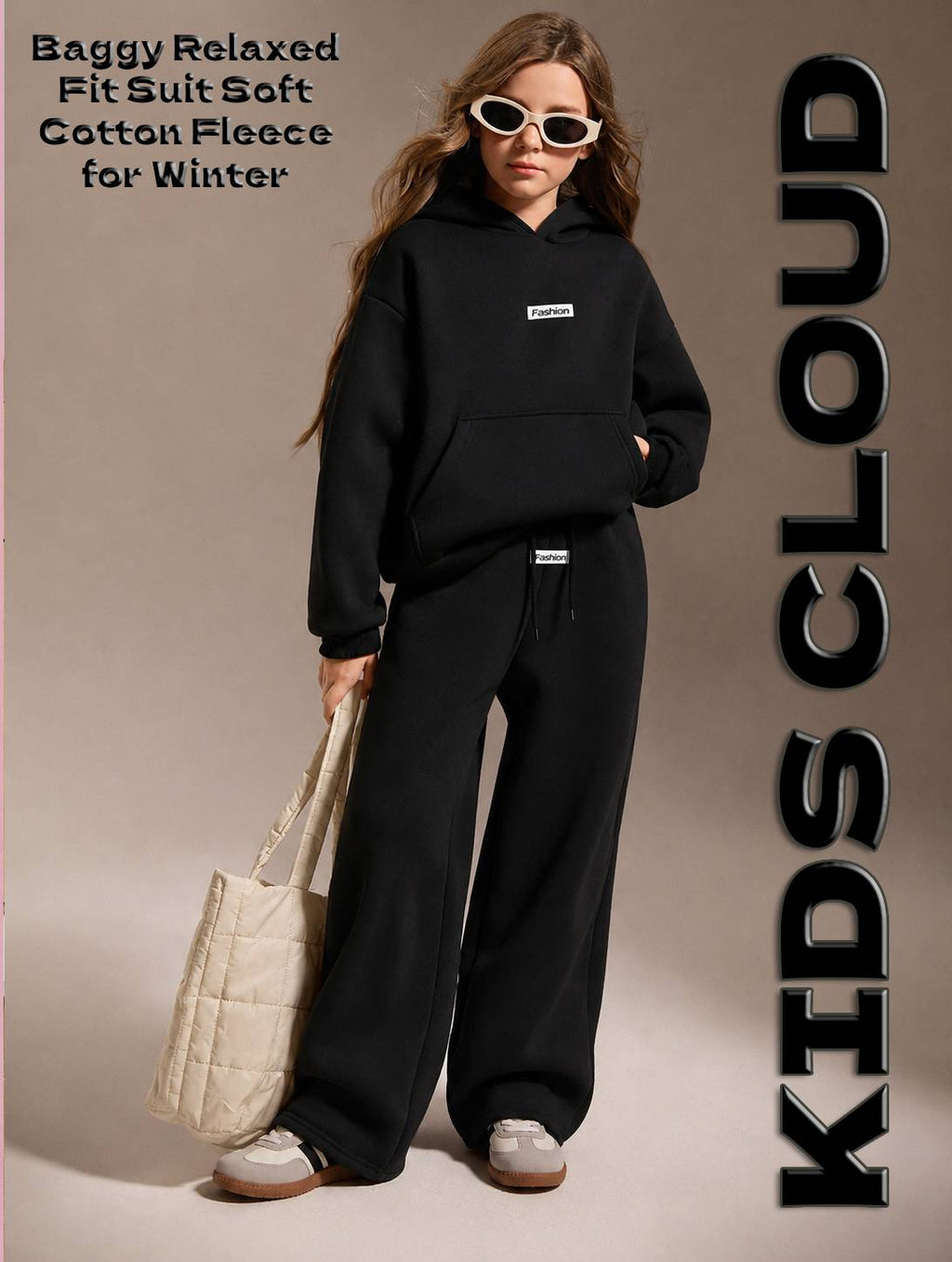Teen Girl Baggy Suit Relaxed Fit Fashion Soft Cotton Fleece Black for Winter