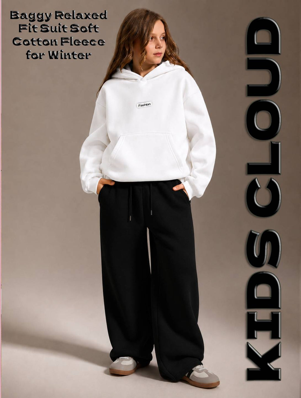 Teen Girl Baggy Suit Relaxed Fit Fashion Soft Cotton White Hoodie & Black Trouser Grey for Winter