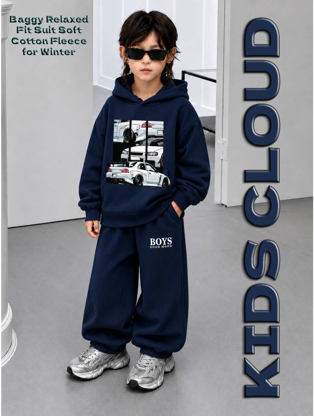 Kids Baggy Suit Relaxed Fit Puzzle Car Soft Cotton Fleece Navy Blue for Winter