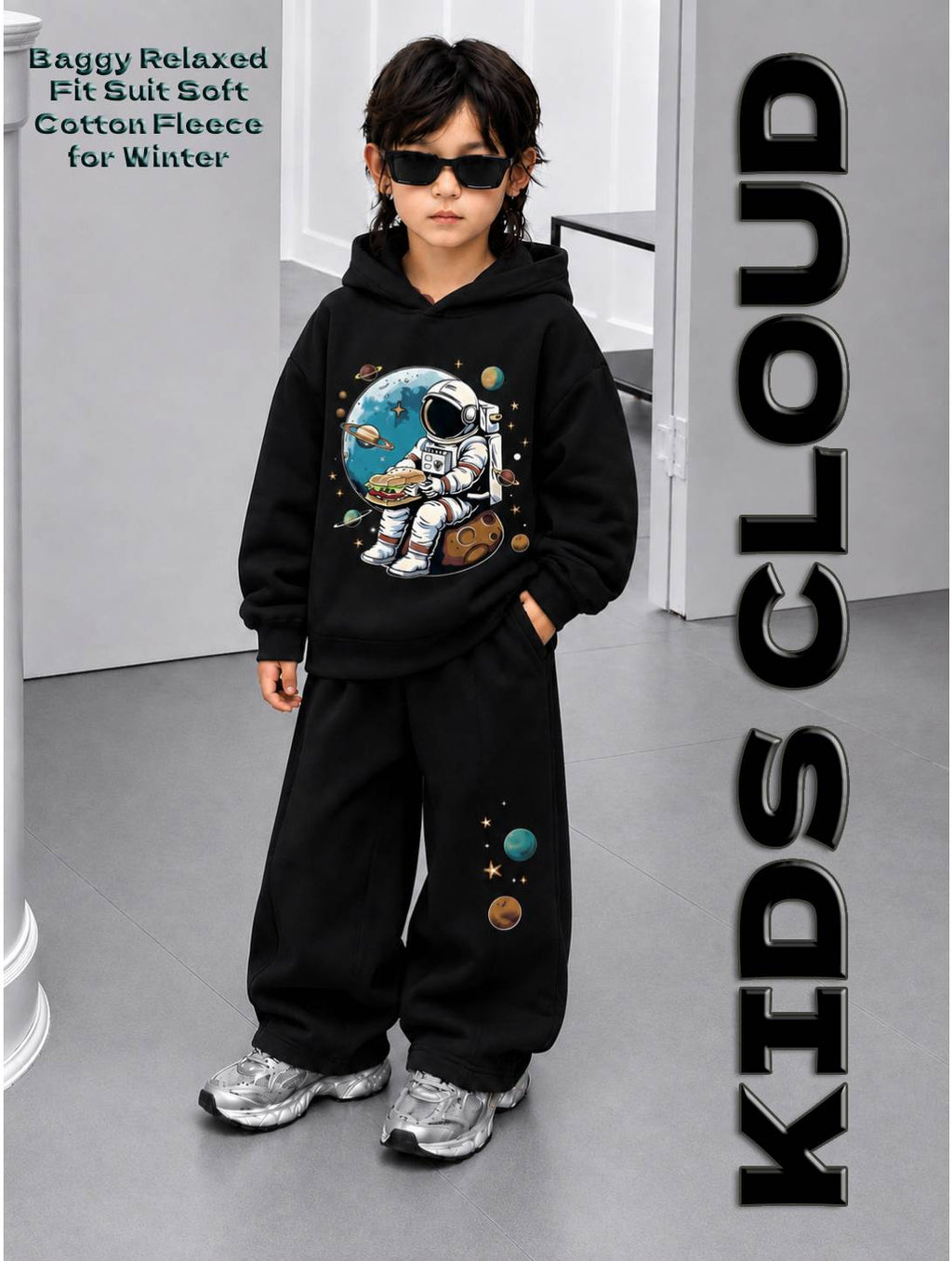 Kids Baggy Suit Relaxed Fit Nasa Soft Cotton Fleece White Hoodie Black for Winter