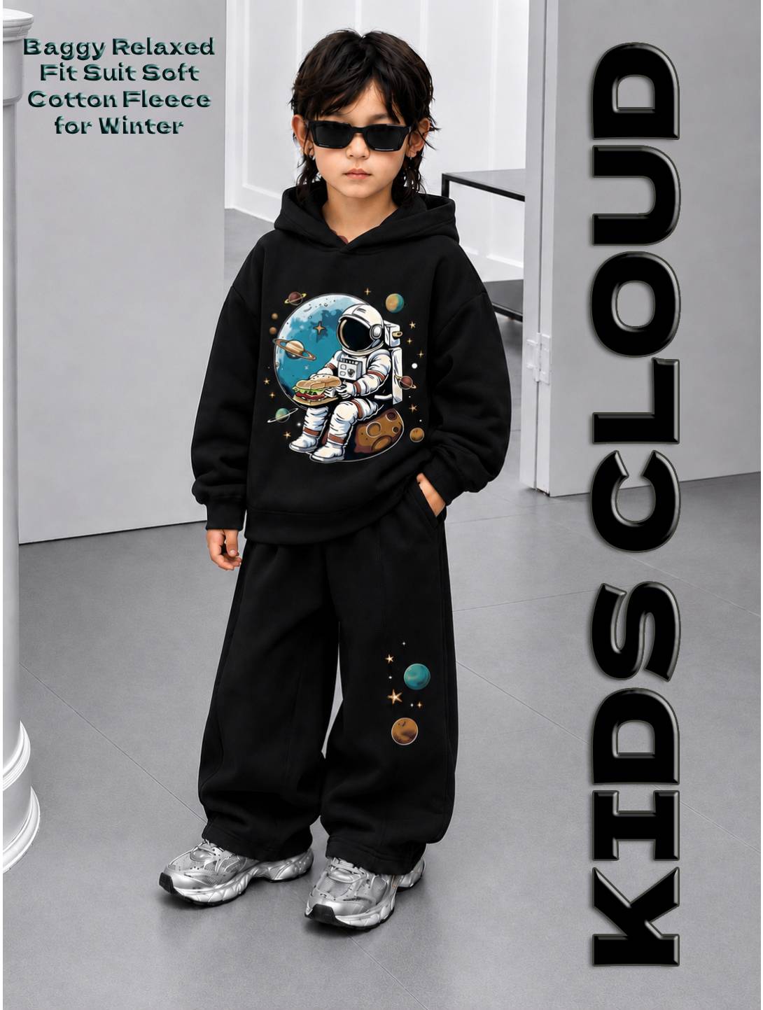 Kids Baggy Suit Relaxed Fit Nasa Soft Cotton Fleece White Hoodie Black for Winter