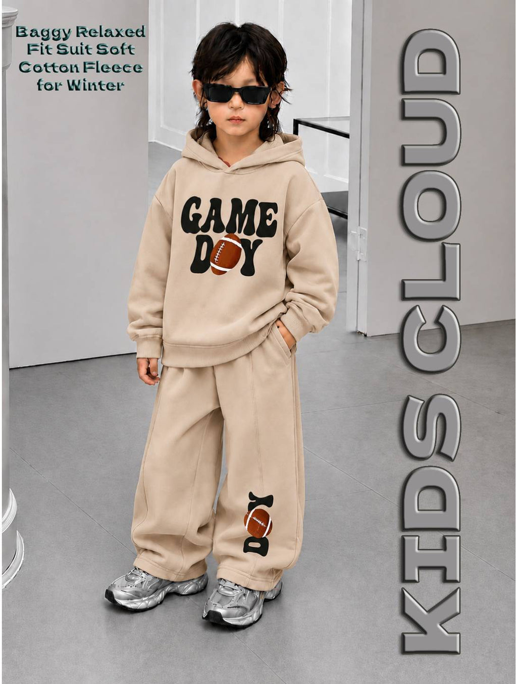 Kids Baggy Suit Relaxed Fit Game Day Soft Cotton Fleece Beige for Winter
