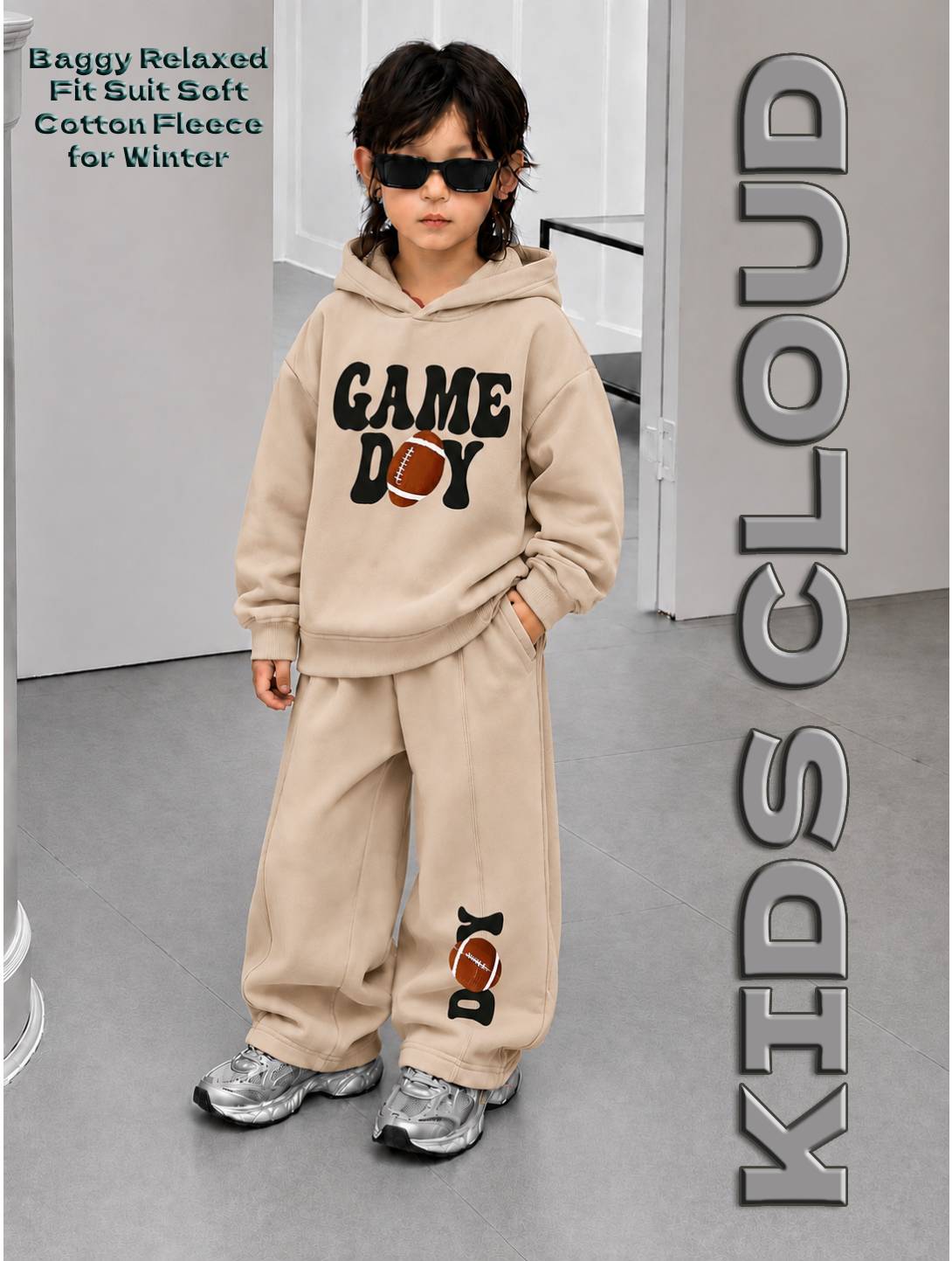 Kids Baggy Suit Relaxed Fit Game Day Soft Cotton Fleece Beige for Winter