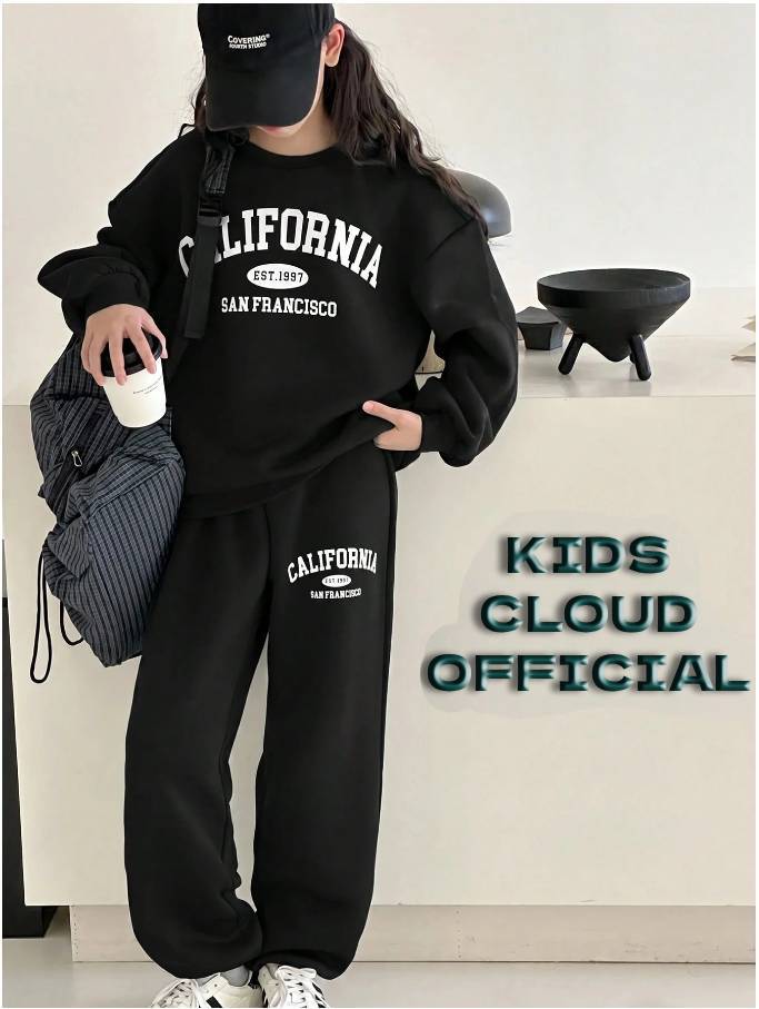 Teen Girl Baggy Suit Relaxed Fit California Soft Cotton Fleece Black for Winter