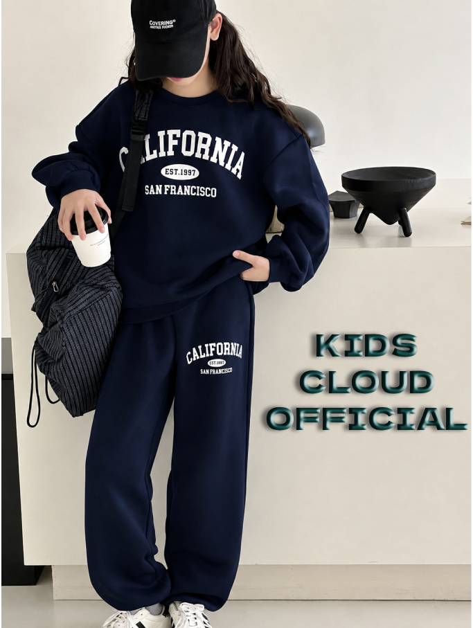 Teen Girl Baggy Suit Relaxed Fit California Soft Cotton Fleece Navy Blue for Winter