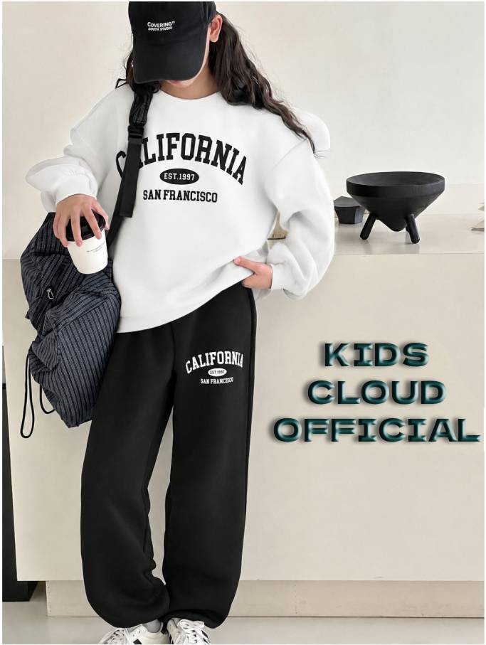 Teen Girl Baggy Suit Relaxed Fit California Soft Cotton Fleece White Hoodie with Black Trouser for Winter