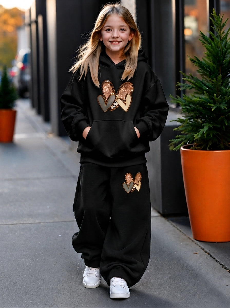 Teen Girl Baggy Suit Relaxed Fit 3 Hearts Soft Cotton Fleece Black for Winter