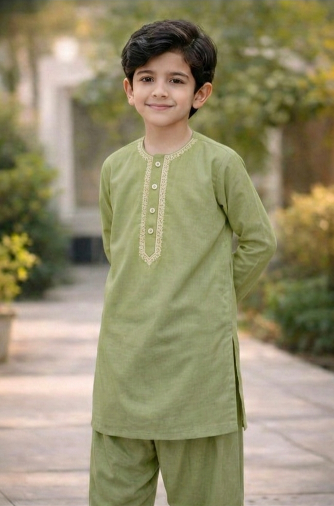 100% Cotton Kameez Shalwar Lemon Color Round Neck Embroidery